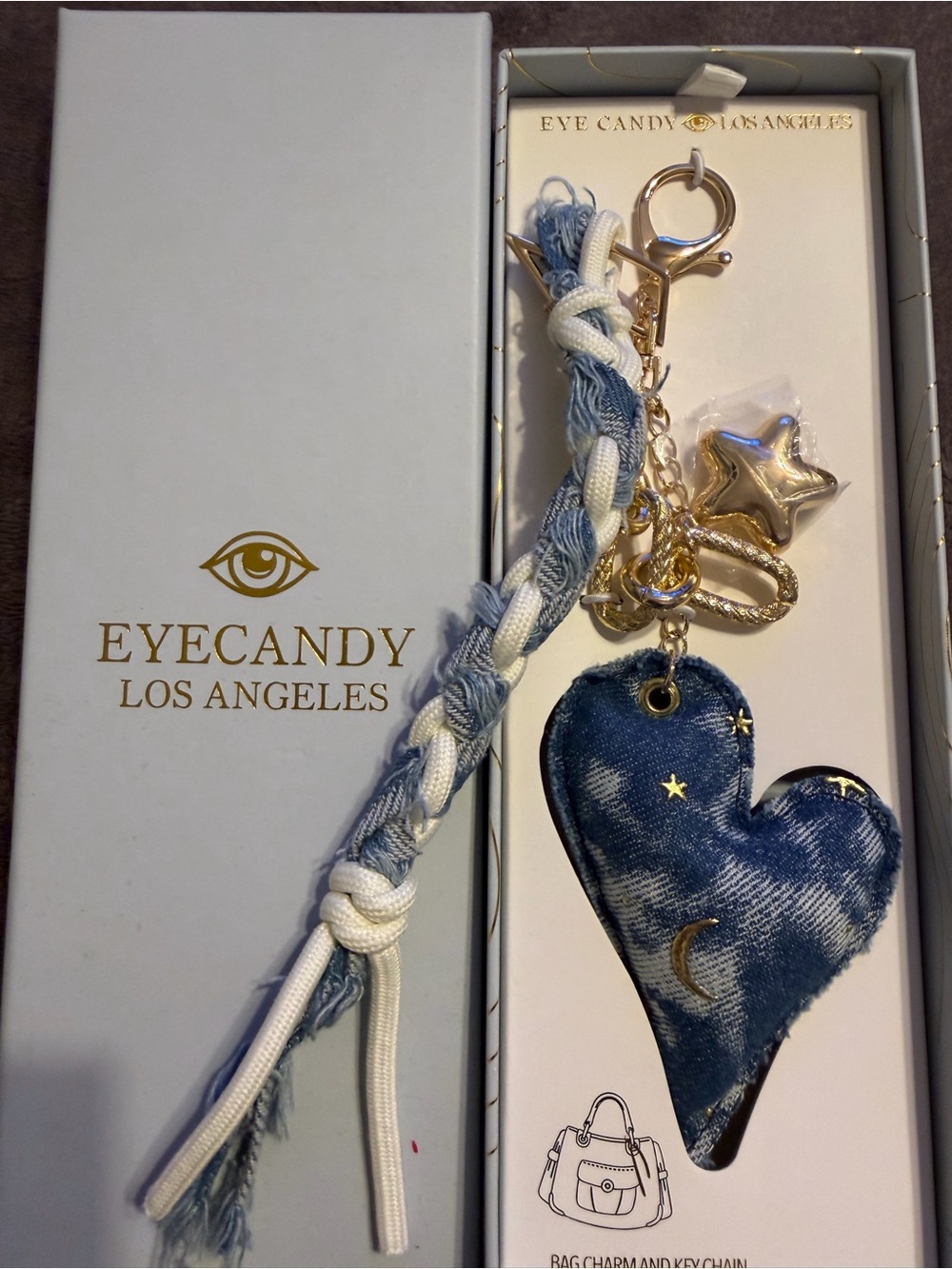 EYECANDY Los Angeles Denim Heart Keychain Charm - Blue